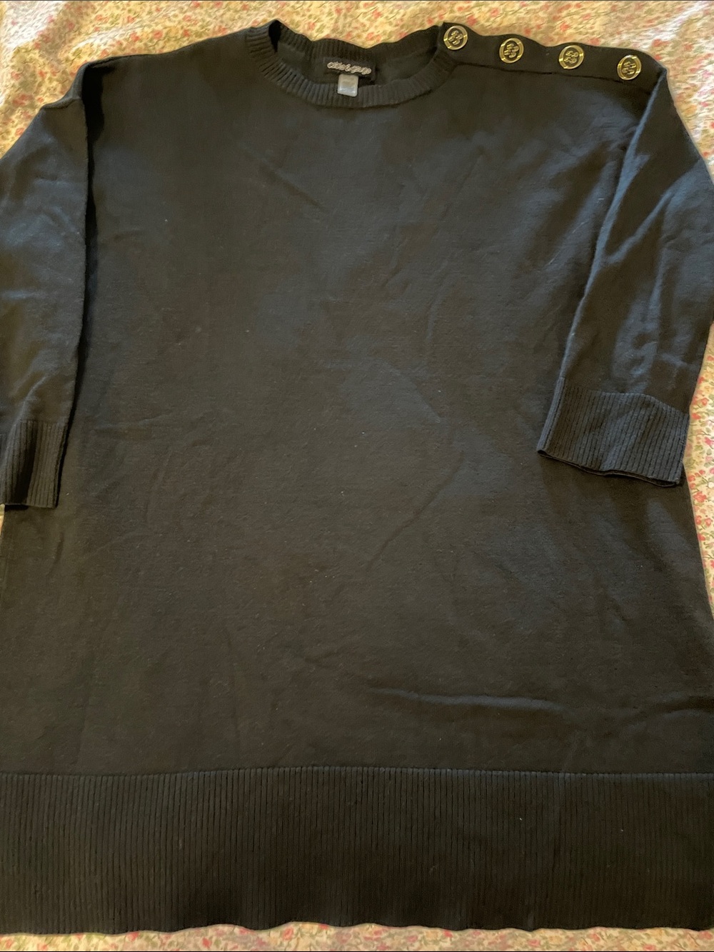 Cable & Gauge Black Crewneck Tunic Sweater with Gold Button Detail